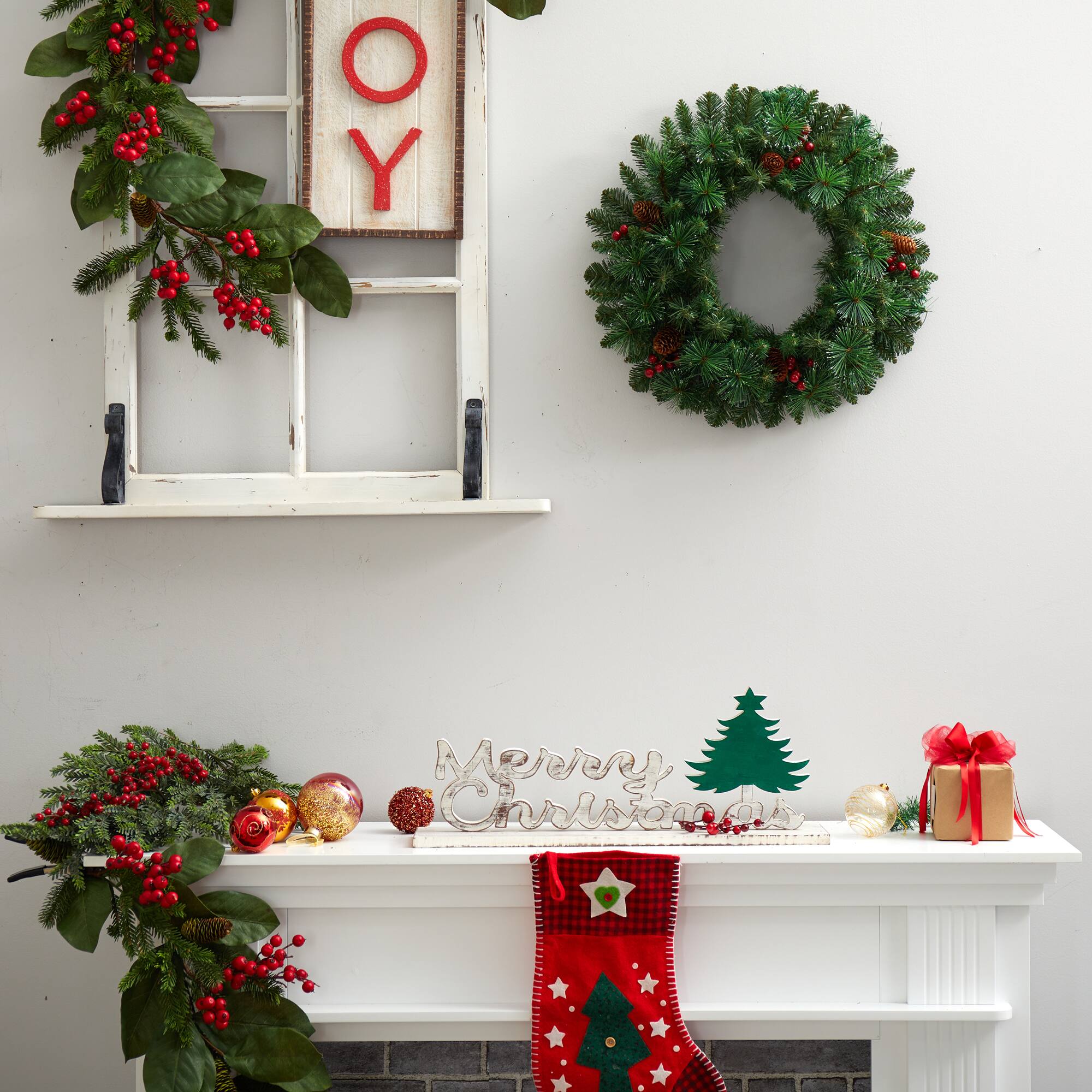 20" White LED Lights Frosted Pine Artificial Christmas Wreath With Pinecones & Berries